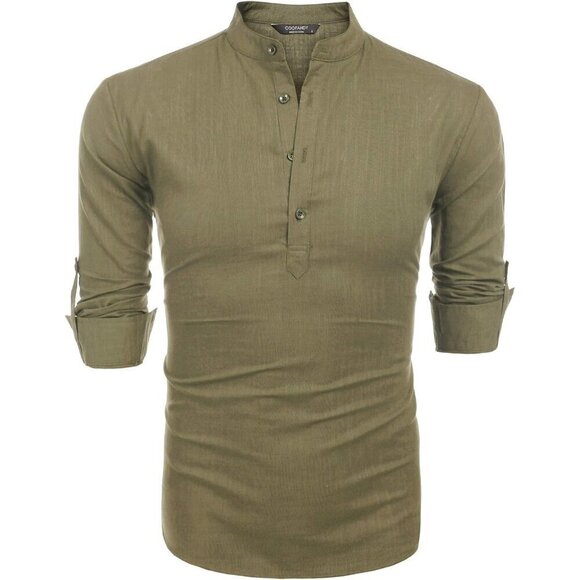 Men's Green Cotton Linen Henley Shirt Long Sleeve Hippie Casual Beach T Shirts - Picture 7 of 9